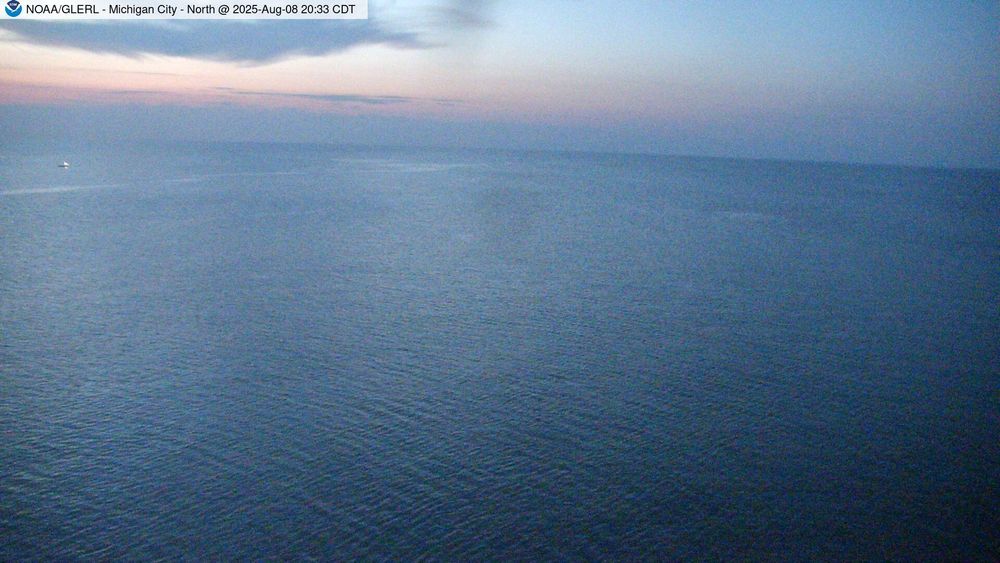 Wide view of Lake Michigan from Michigan City East Lighthouse. // Image captured at: 2025-08-09 01:33:01 UTC (about 5 min. prior to this post) // Current Temp in Michigan City: 80.90 F | 27.17 C // Precip: clear sky // Wind: N at 0 mph | 0 kph // Humidity: 72%