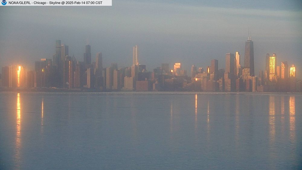 View of Chicago skyline from William E. Dever Crib in Lake Michigan east of North Avenue. // Image captured at: 2025-02-14 13:00:01 UTC (about 3 min. prior to this post) // Current Temp in Chicago: 7.06 F | -13.86 C // Precip: broken clouds // Wind: SW at 2.997 mph | 4.82 kph // Humidity: 79%