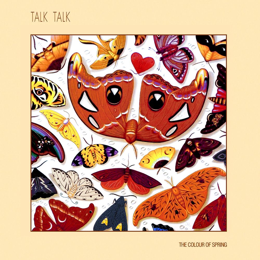 The cover art for the album The Colour Of Spring by Talk Talk. The cover has a thick beige border, with 'TALK TALK' at the top left and 'THE COLOUR OF SPRING' at the bottom right.

The main image in the centre is a painting by James Marsh of a group of butterflies of various colours, shapes and sizes. One looks like an upside down face of a tiger, one is shaped like a heard and is red, and one looks like it has a small white skull on its back.