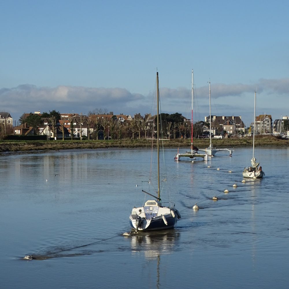 Four sailing boats are moored along a line of buoys which zigzags across the estuary in the foreground. In the background is the river bank with houses and blocks of flats. The sky is blue with some clouds on the horizon.