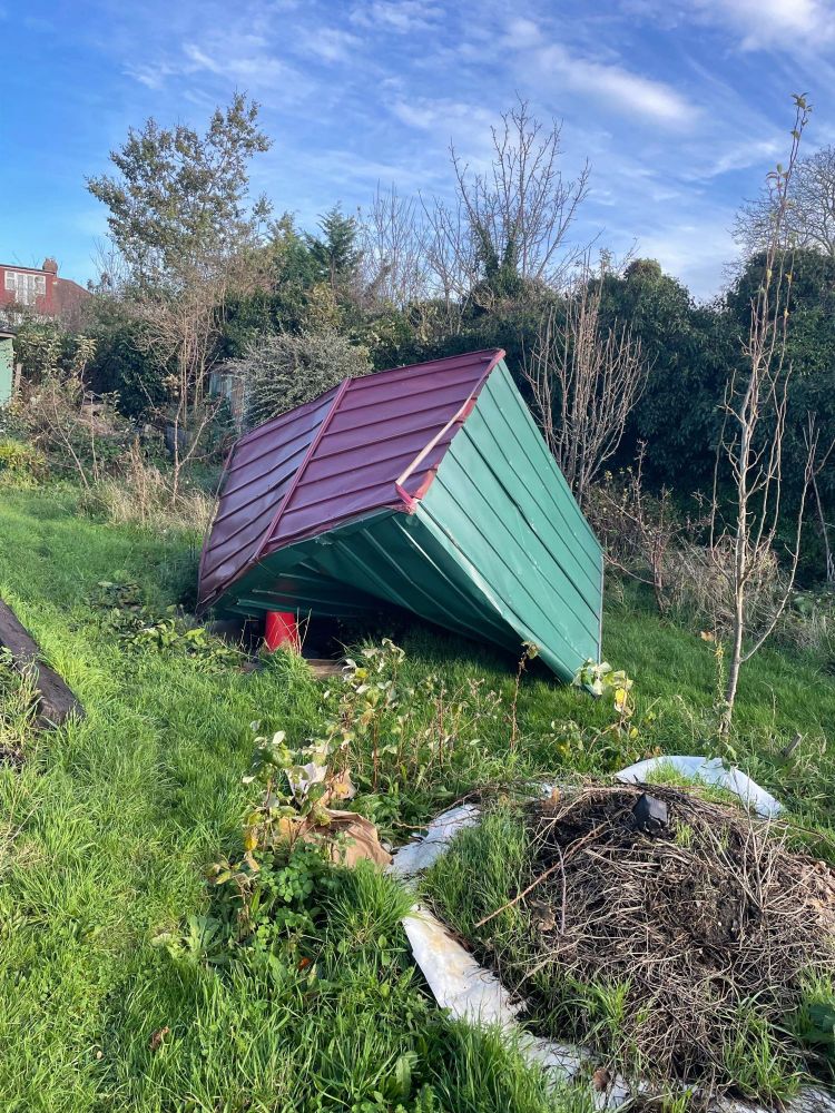 outdoor view of a garden with a broken metal shed lying on grass 