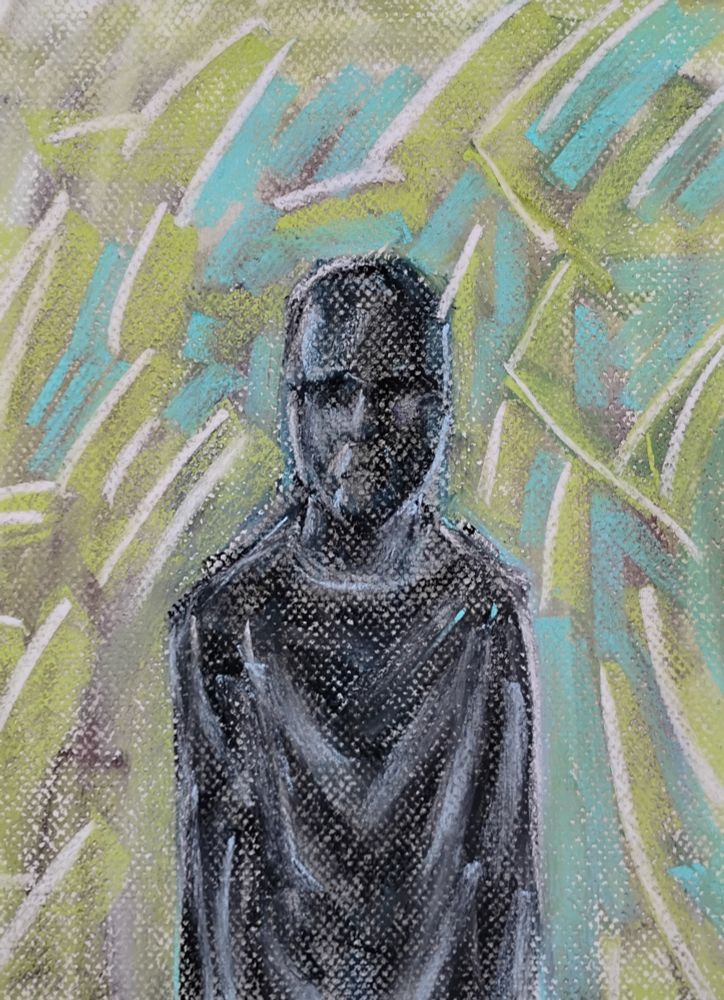 A pastel painting of dark shadow of a figure in a field of bright turquoise and green with light highlights 