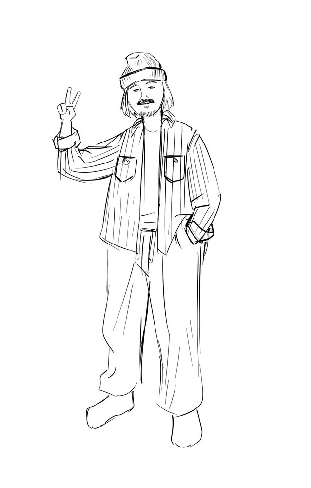 Digital drawing of myself in a beanie, corduroy overshirt, and pajama pants