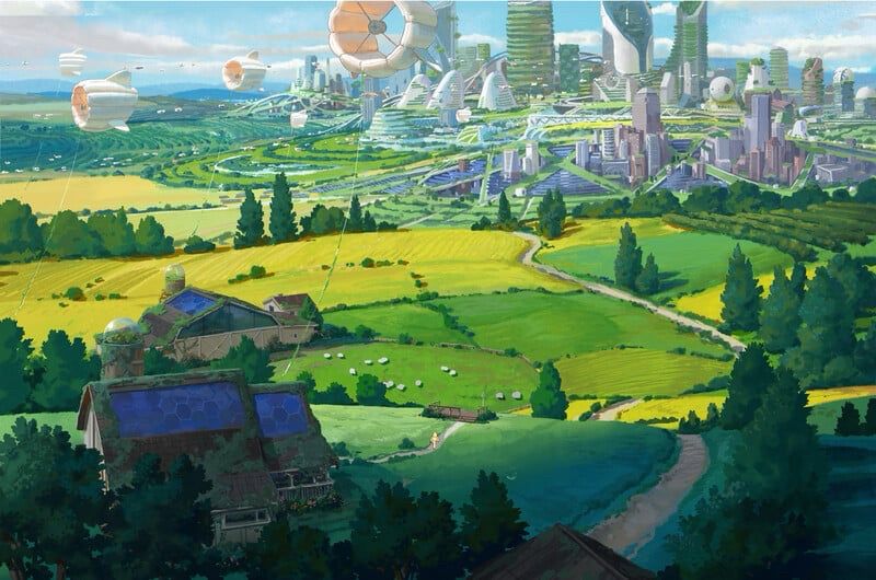 Background Art for Chobani with The Line Animation: Lush green fields, among a futuristic city. In the foreground are buildings with solar roofs. A solarpunk future. 