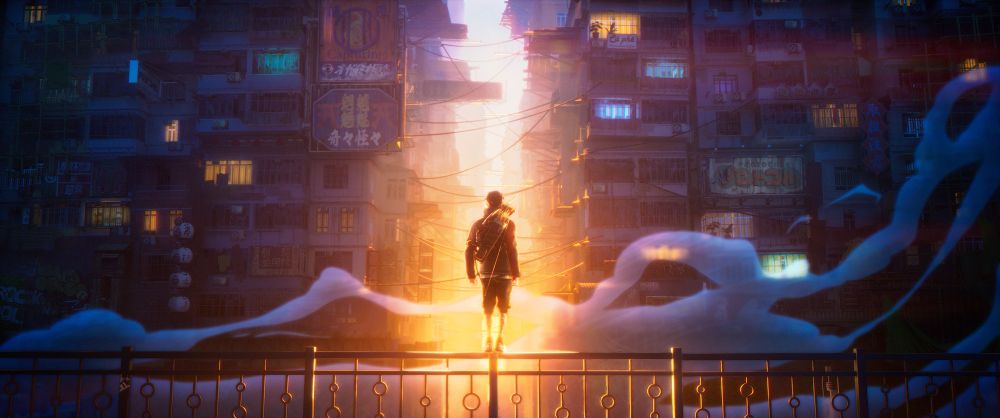 Still from the video game teaser: KEMURI. The back of a character lit by the sun, surrounded by smoke. 
