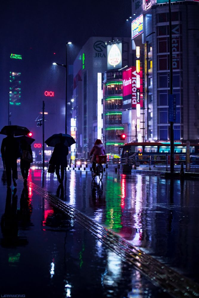 Photography by Liam Wong of Tokyo at night in the rain. Silhouettes with umbrellas captured walking through the rain. At the centre is a woman on a bicycle. Lit up by neon signs in the distance outside the Shinjuku station entrance. It has a surreal quality to it. The image is purple, red and green from the lights.