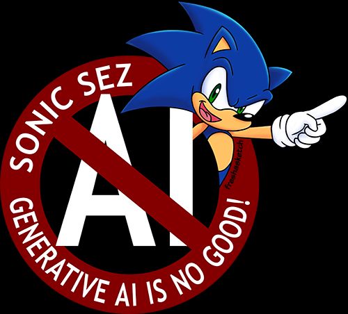 large "AI" in a red circle and crossed out
sonic the hedgehog (modern) is sticking out with one finger pointed up
the text along the edges of the circle read "sonic sez generative ai is no good"