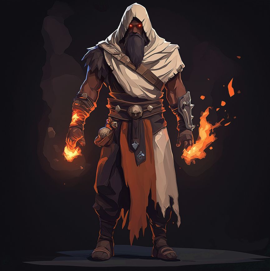 bearded master of magic in battleworn robes with red eyes and flames coming out of his hands