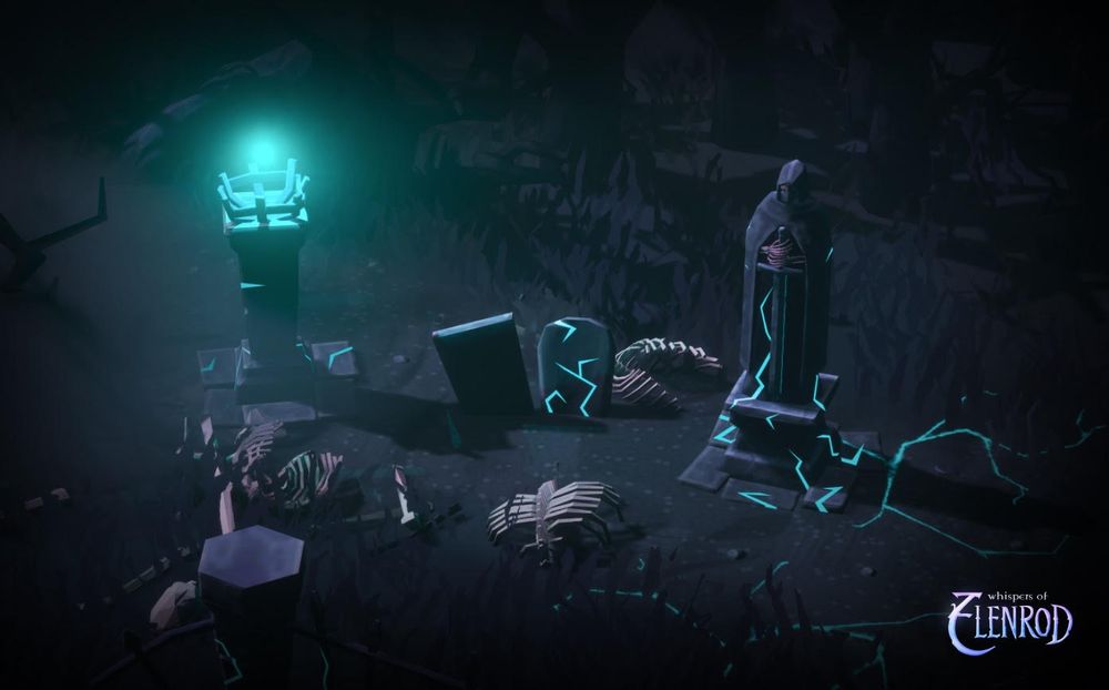 a dark, creepy cemetery filled with skeletons and with a green glowing ball in the top left corner of the scene