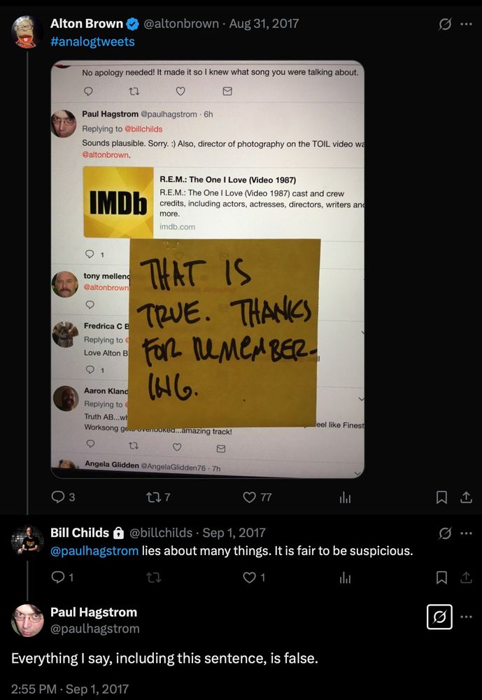 Alton Brown replies on Twitter to my mentioning to Bill that AB was director of photography on TOIL. "That is true. Thanks for remembering." written on a post-it note stuck to AB's screen.