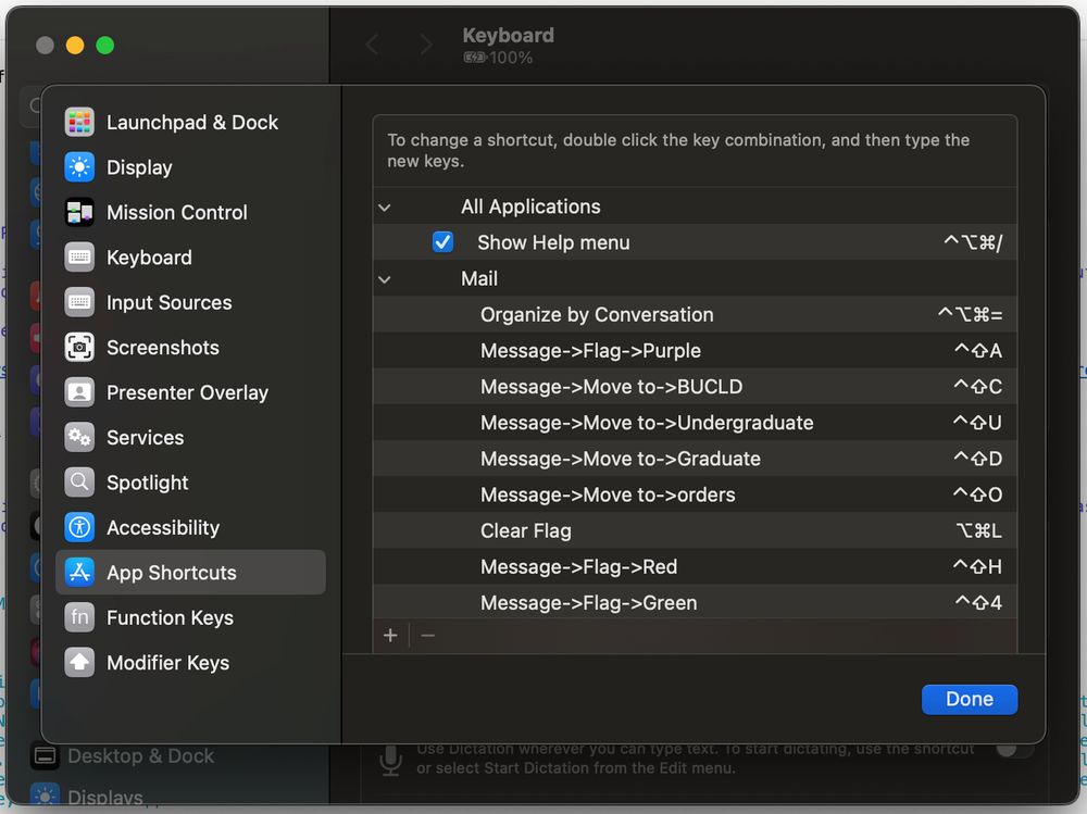 System settings -> Keyboard -> App shortcuts, showing some shortcuts I set up to mimic Mail Act-On