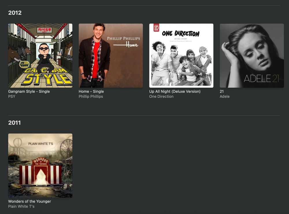 screenshot of itunes purchases from 2012-2011, adele 21, one direction, home phillip phillips, gangnam style, plain white tees