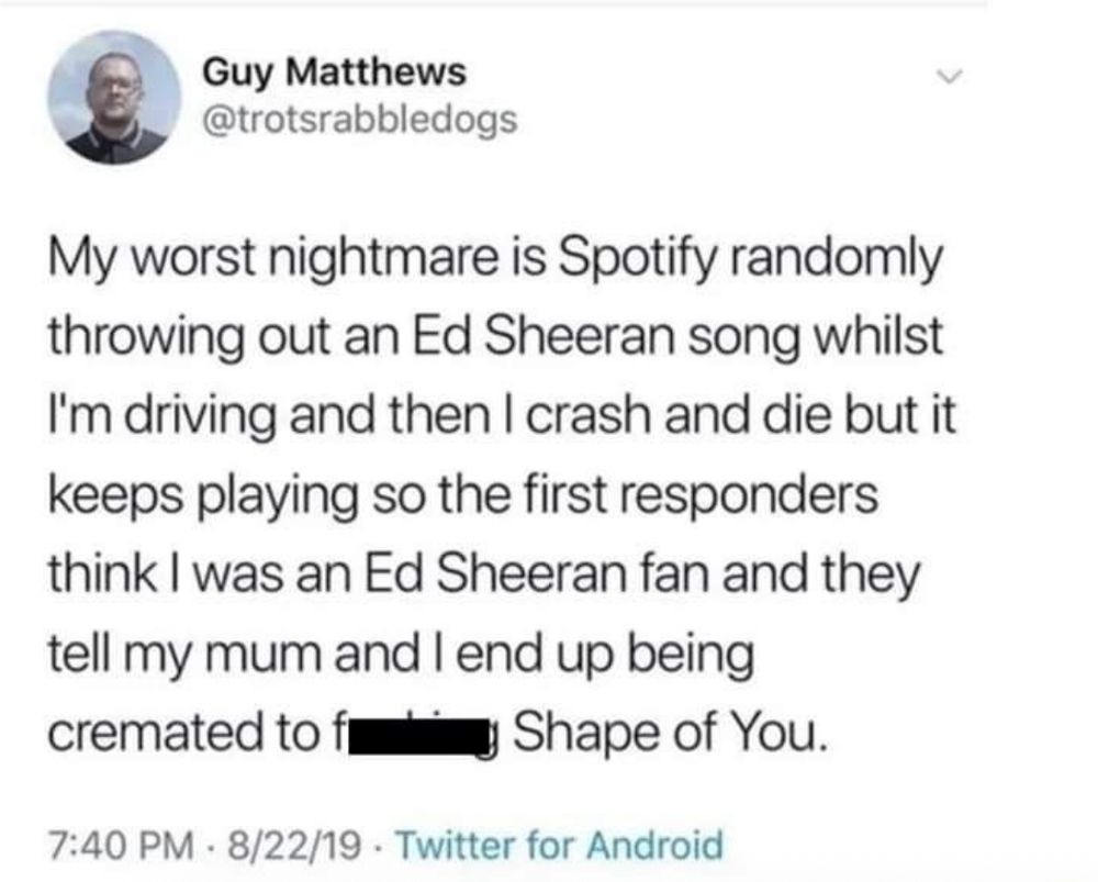my worst nightmare is spotify randomly throwing on an ed sheeran song whilst im driving and then i crash and die but it keeps playing so the first responders think im an ed sheeran fan and they tell my mum and i end up being cremated to fucking shape of you