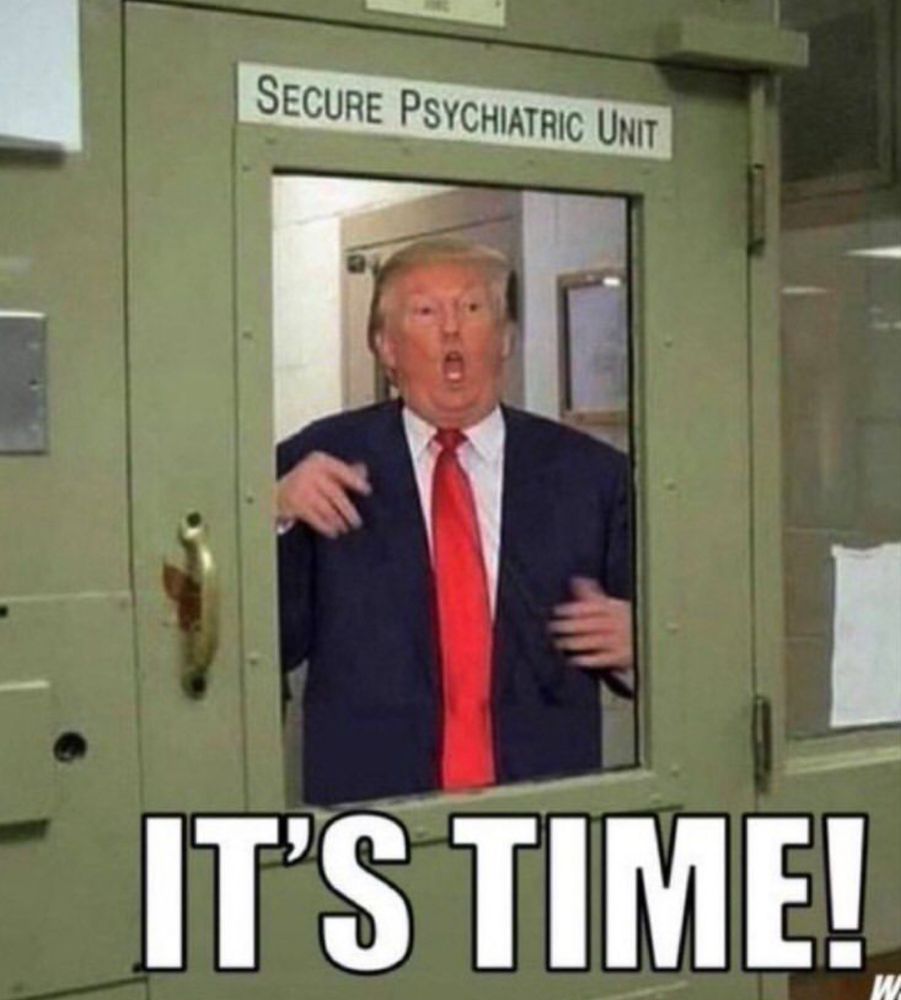 Trump behind a locked door with a window. There’s a sign on the door that says SECURE PSYCHIATRIC UNIT.  The caption says: IT’S TIME!!