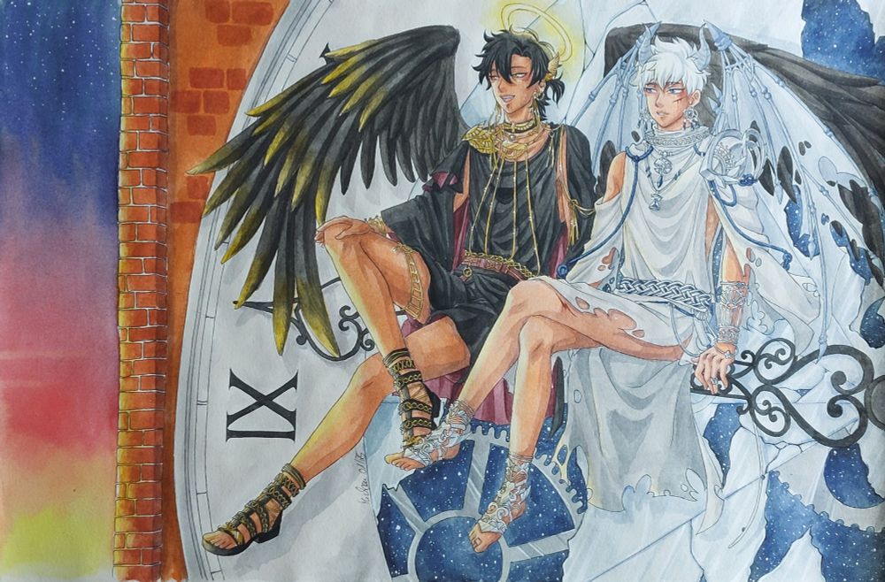 Water colour painting of Lu Guang and Cheng Xiaoshi in their angel/demon AU outfits. They are sitting on the hands of an old and broken clock tower, sunset in the background. Behind the broken face of the clock, some gears can be seen with a dark, starry night sky. 