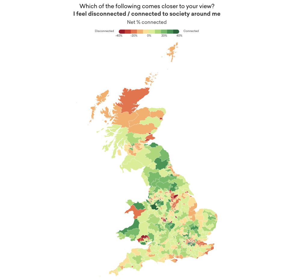 Map of Britain showing areas where people feel most disconnected from society around them. The highest levels being in the South Wales Valleys parts of Scotland and the North of England. Also some coastal towns in South East England.