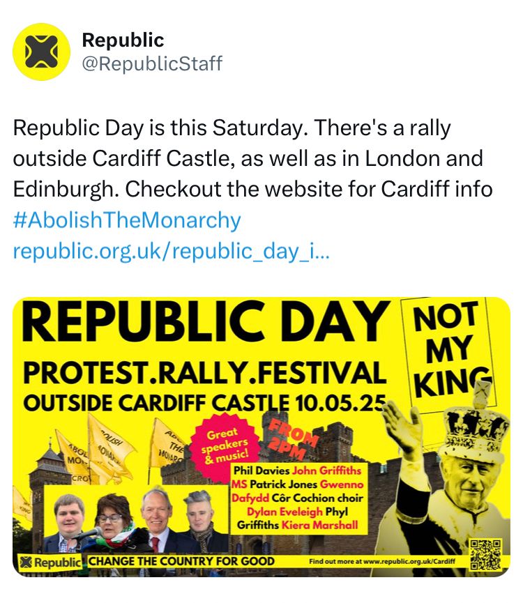 Republic Day is this Saturday. There's a rally outside Cardiff Castle, as well as in London and Edinburgh. Checkout the website for Cardiff info