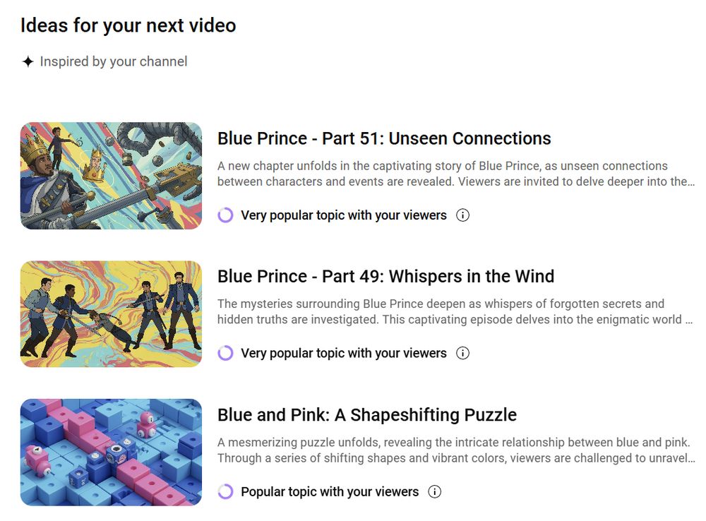 "Ideas for your next video", followed by 3 suggested video ideas. The first is "Blue Prince - Part 51: Unseen Connections". The second is "Blue Prince - Part 49: Whispers in the Wind". The third is "Blue and Pink: A Shapeshifting Puzzle". It's all gibberish.