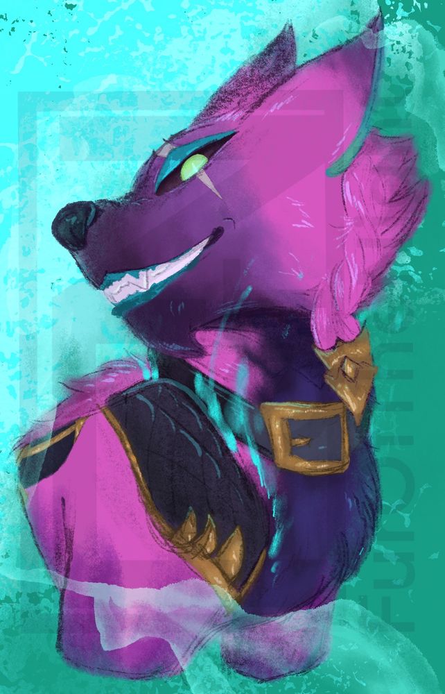 A sketchy half body of Soul Fighter Naafiri, body facing the right with her head tilted up and back facing the left. Her spikes are retracted but a faint wispy glow emanates from its spots— like she’s about to unsheathe them. Wispy lightning-looking things cross over in front of her legs and tip of her ears. There’s a blue highlight resulting from the spikes and her eye. The background is a couple shades of blue that match the blue in her design