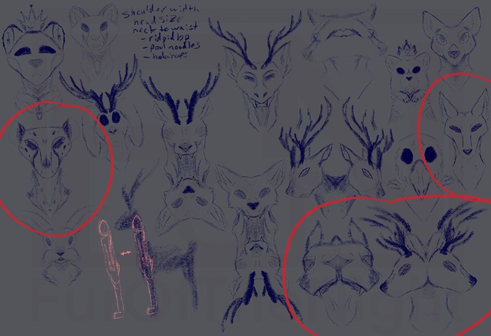 This is my initial sketch page. It’s filled with concept sketches of different animal heads including, two rabbits, a cheetah, a weasel, a fox, a wolf, a raven, two cats with crowns, and seven deer heads (6 of which are somehow conjoined by the neck or face). I circled the ones I wanted the flesh out more with further detailed sketches