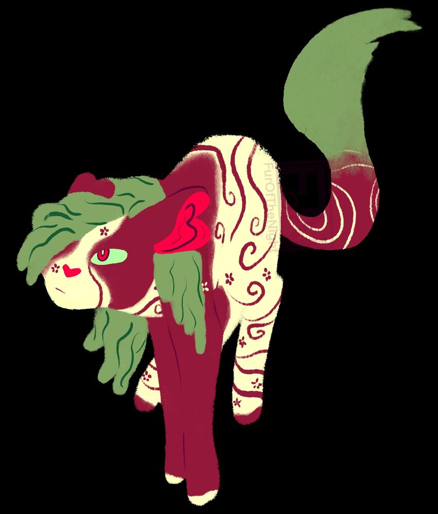 A red and white cat with green hair in a pose like she’s landing with her front two feet, hind feet still in the air
There’s no shading on this piece, just some darker lines to help differentiate some areas where the shade might have become confusing