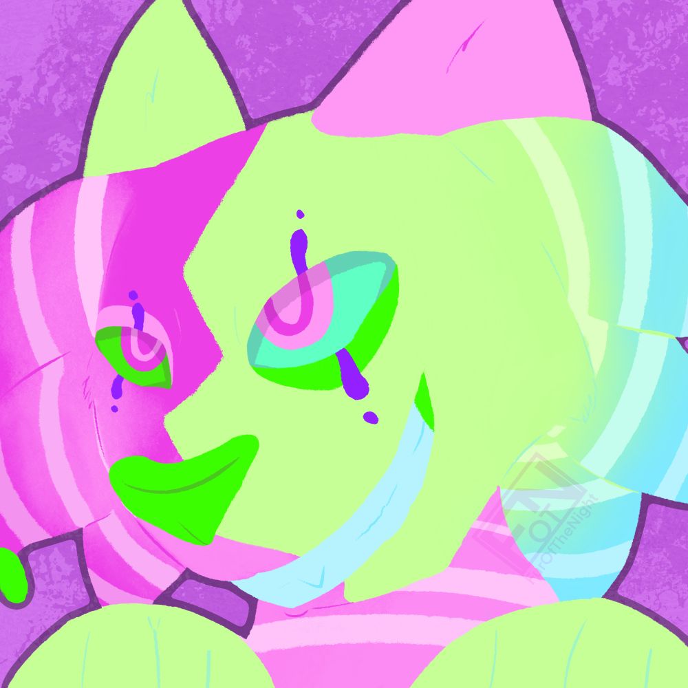 A headshot of a pink & green jester themed cat. They’re smiling facing the left side of the canvas with their paws up on the bottom edge of the canvas