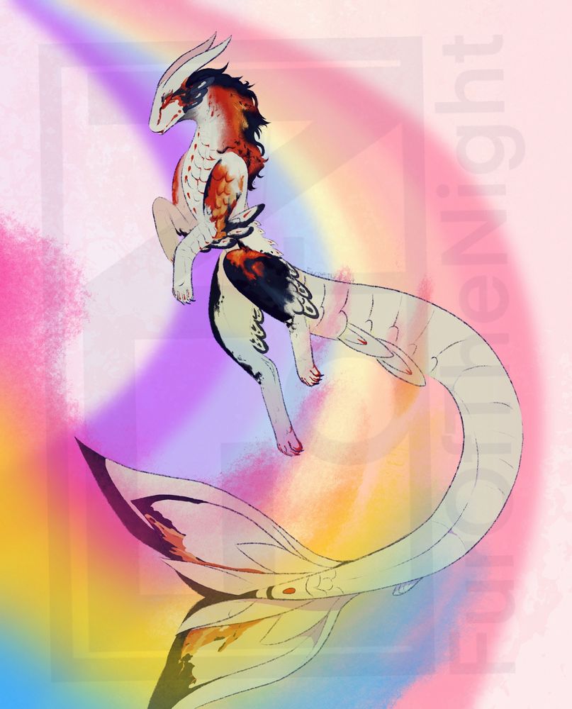 A noodle dragon with koi fish-adjacent markings floating dramatically. It’s tail is splashing up some water coloured like the pan flag with the xenogender flag curved up behind them