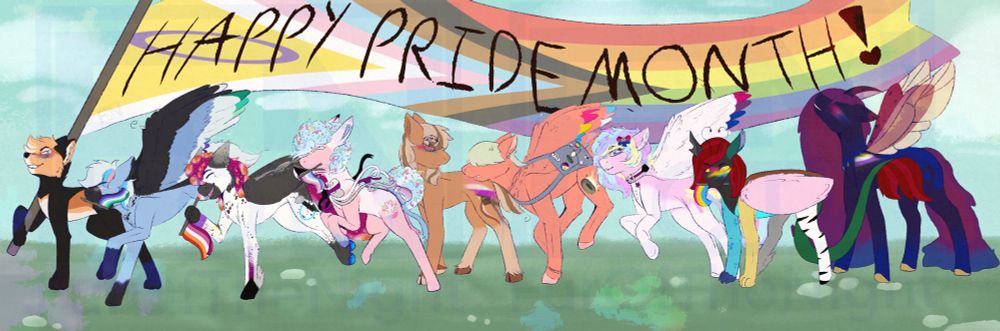 A pride parade of 9 ocs either holding or covered in paint representing their flags, from nine different people in PhilCAnimate’s server (including myself). There’s a fox, four pegasi, two regular ponies, one chimera, & one changeling-adjacent character
They are all excited and in various stages of walking, strutting, hopping, or running
My guy, in the front, is holding a massive flag that flows through almost the rest of the piece. It’s a massive progressive pride flag with the words ‘HAPPY PRIDE MONTH!’, written on it, with the exclamation mark having a heart instead of a point

Flags from left to right:
Bi & poly; trans & gay; lesbian, demisexual, nonbinary; demisexual & bigender; genderfluid & bi; pan, demi, trans, demiboy, poly; demisexual & bi; pan; nonbinary & bi
