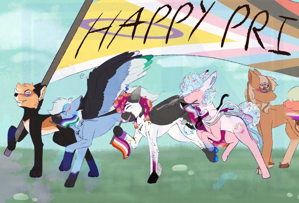 Close up of the left side of the piece
There’s my fox boy, two pegasi, the two ponies, & the head of another pegasus