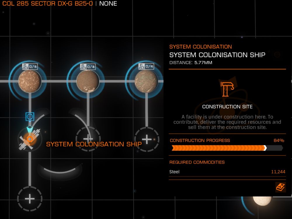 Col 285 Sector DX-G B25-0, System Colonization Ship at 84%, 11,244 steel remaining