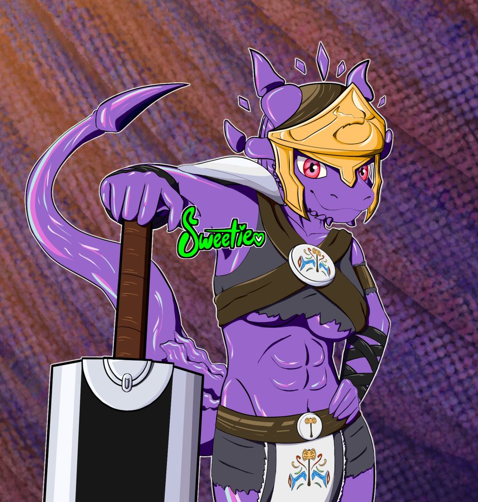 A Dungeons and Dragons character. A gemstone dragonborn named Athena stands proudly with her worn gladiator armor, her muscled body shining brightly. Athena also grips the pommel of a giant blade with her right hand, nearly big enough to cover her entire waist. The background is scaly in pattern, rough and faded with a warm color transitioning into cold.