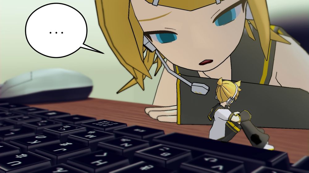 An edited MMD render of Kagamine Rin peering at a computer desk, Kagamine Len seated there while small in size. Kagamime Rin looks on in confusion, paired with a speech bubble with ellipses.