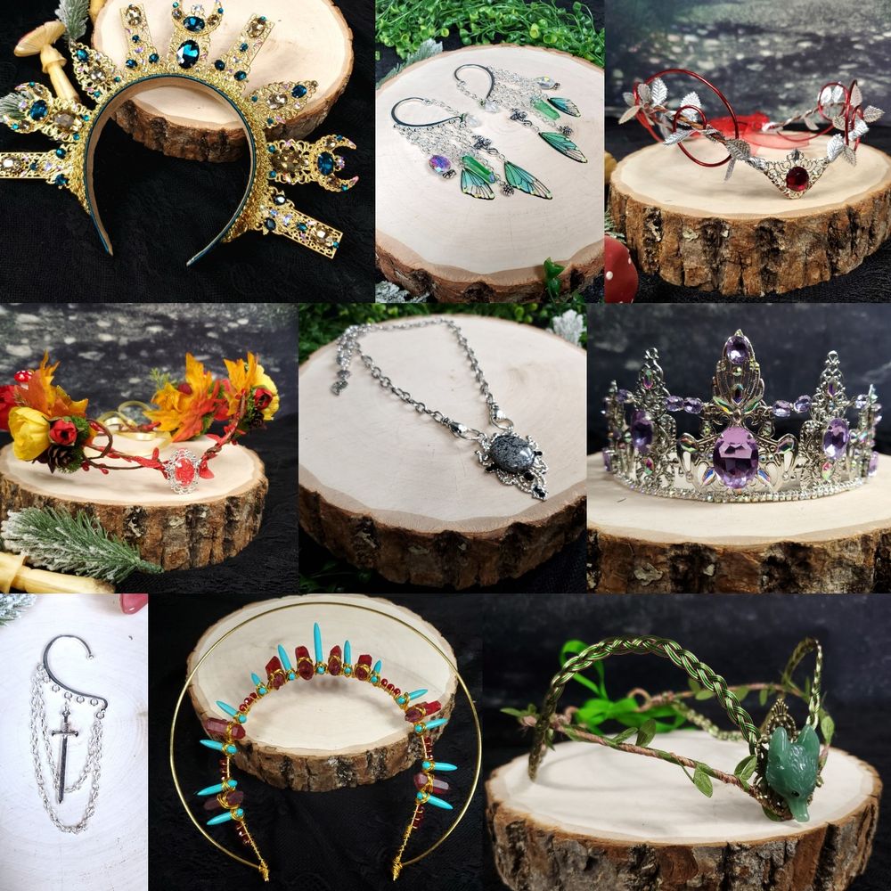 A collage image of pieces made by RuthNoreDesigns. There are 9 items, the first is a intricate sunburst style crown in gold filigree and green jewels, the next is a pair of earcuffs featuring clear iridescent crystals and teal cicada wing charms. The 3rd image is a eleven style diadem crown in silver and red, followed by another elven circlet with vibrant fall colors leaves and flowers. Next is a silver chain mail necklace with a round Snowflake obsidian pendant. The 6th image is a tiara in silver filigree with sparkling iridescent rhinestones and large lavender jewels. The 7th is a simple silver earcuff with dangling chain swags and a sword pendant. The 8th image is of a turquoise and red halo style crystal crown and the last image is of a elven circlet with a celtic theme, featuring green leaves and braided metal detail in bronze and green, the cave pendant is a hand carved wolf head in the stone adventurine. A beautiful example of their work.
