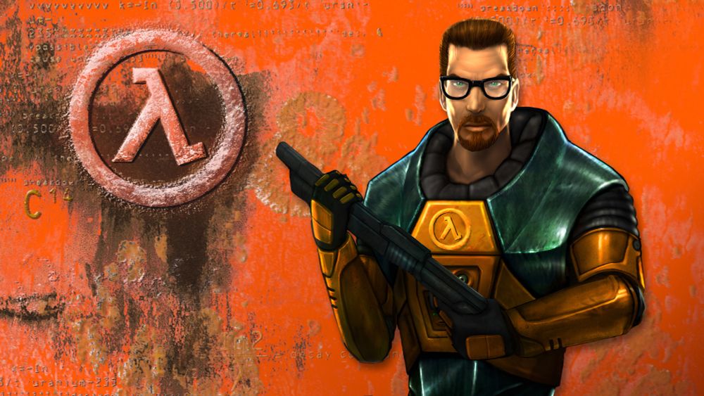 Gordon Freeman in front of the original Half-Life box art.