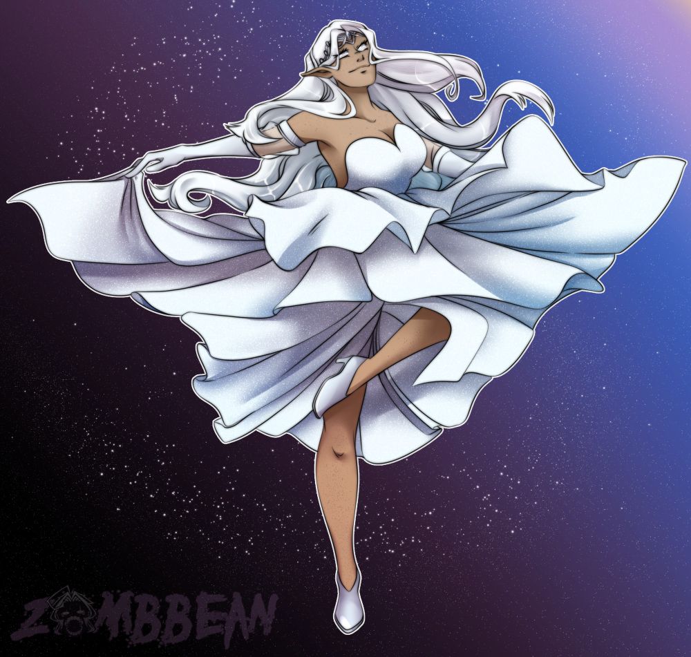 My changeling, Lunara, in a pearlescent gown. She is posed with her arms up, bringing the layered skirt out. Her eyes are whit wand pupiless, she has freckles on her face and body, and her hair is white and worn loose. She also wears a silver circlet