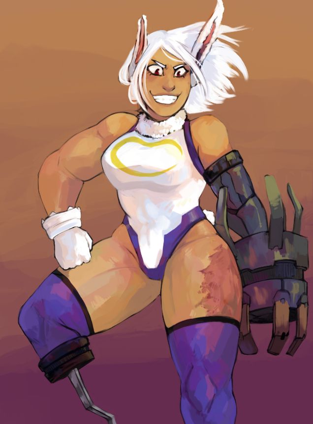 portrait of mirko standing triumphantly, with prosthetics for her missing arm and leg