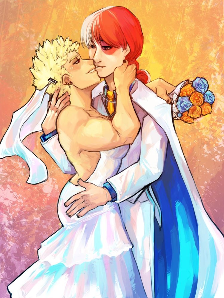todoroki and bakugou getting married; bakugou is female and in a dress, todoroki in a white suit