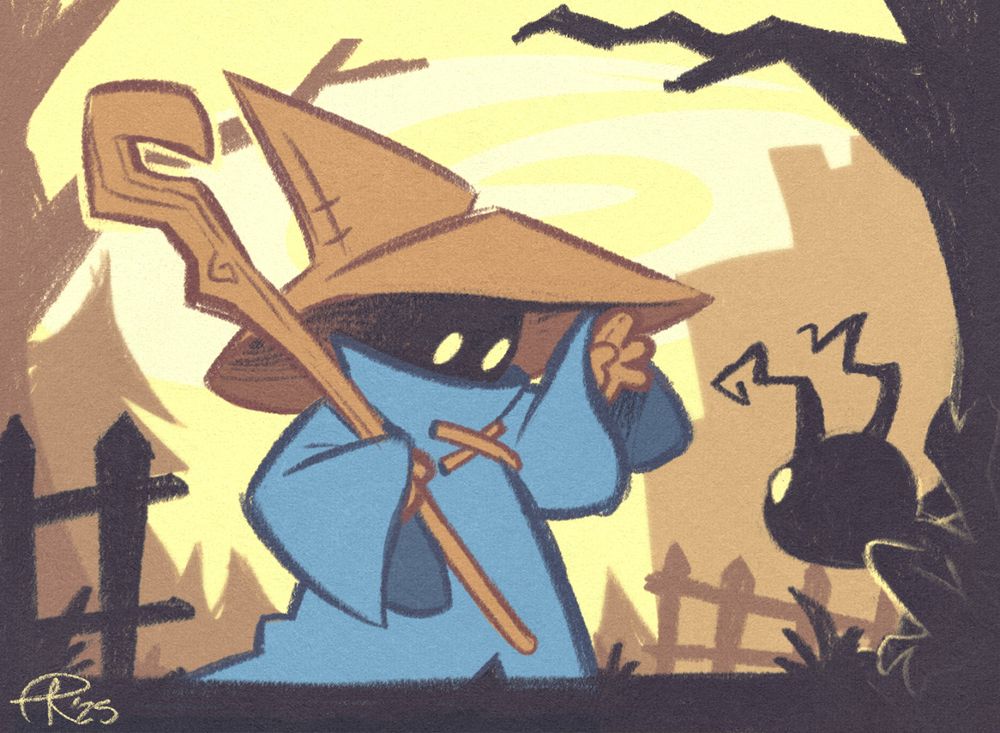simple digital illustration of a Black Mage character from the Final Fantasy series, encountering a Shadow Heartless from Kingdom Hearts. the mage is waving at the Heartless, who peers curiously from behind the dark silhouette of a tree in the foreground. the yellow evening lighting and sky matches the characters' glowing yellow eyes