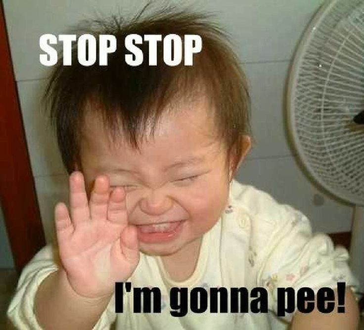 A baby laughs and holds up its hand. The text reads: "Stop, stop. I'm gonna pee."