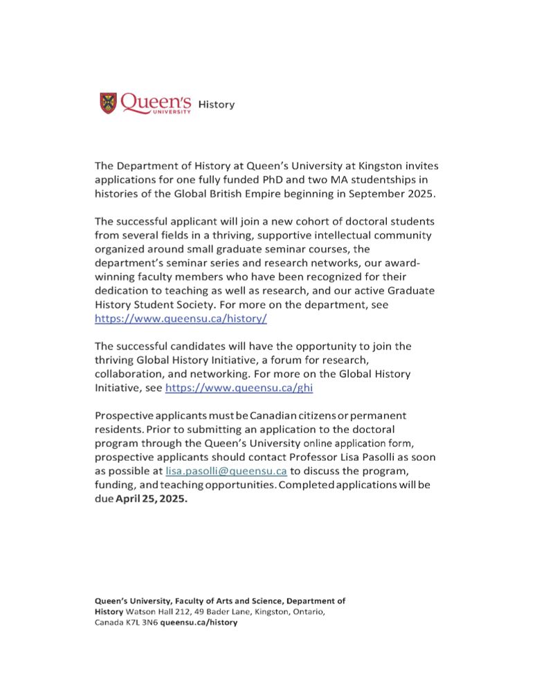 Posting describing available PhD and MA opportunities with the Department of History at Queen's University, Kingston.