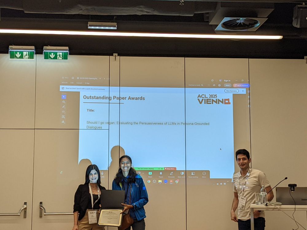 UBC CS Professor Dr. Vered Shwartz and UBC CS student Shruthi Chockkalingam with Outstanding Paper Award at ACL2025 Vienna