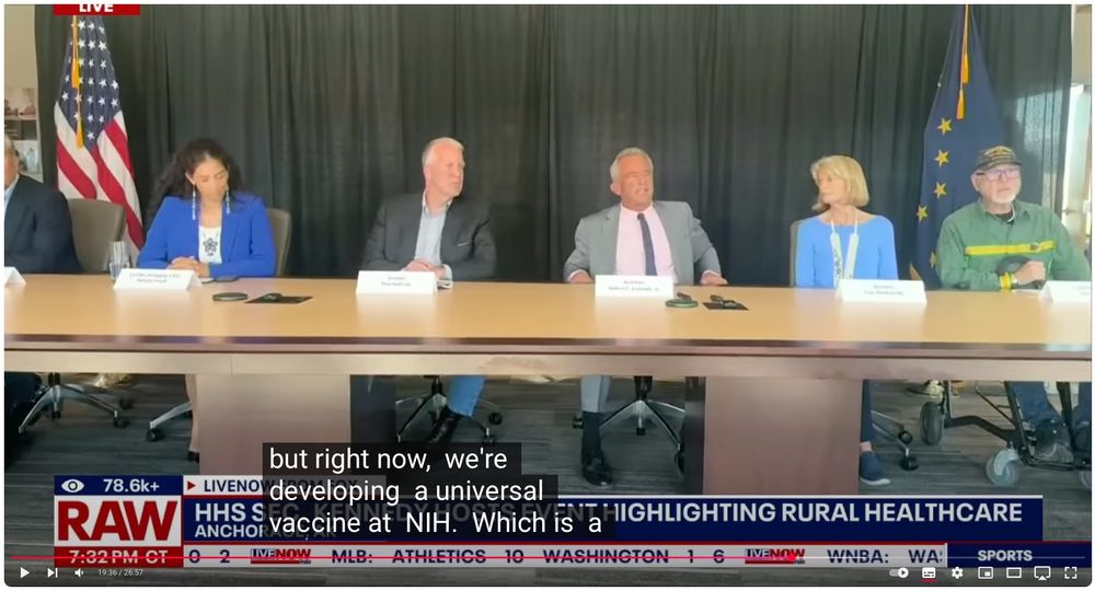 screenshot of the linked video, showing a press conference in Alaska broadcast by FOX, at the time stamp where RFK Jr is talking about a universal vaccine