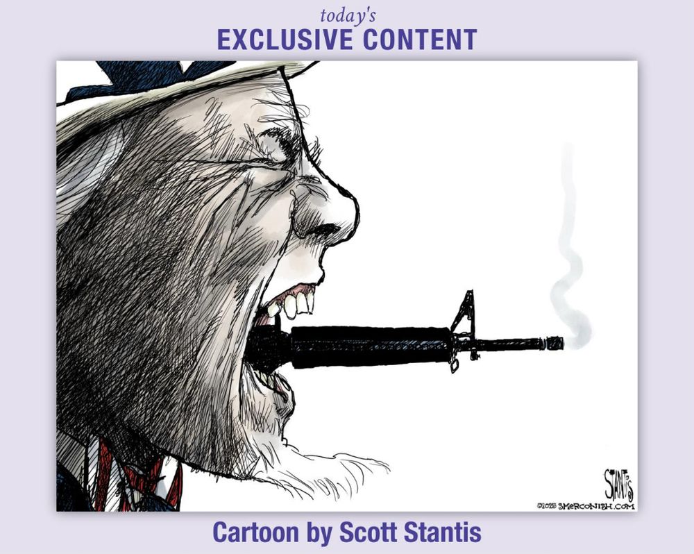 Cartoon. Profile of Uncle Sam, eyes squeezed shut, mouth open, barrel of smoking rifle protruding. I don’t approve of what happened to Charlie Kirk. Charlie Kirk approved of what happened to Charlie Kirk. 