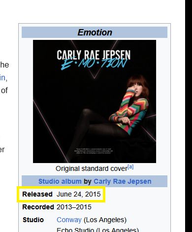 A screencap of the Wikipedia article for Carly Rae Jepsen's album "Emotion" with its release date of June 24, 2015 highlighted