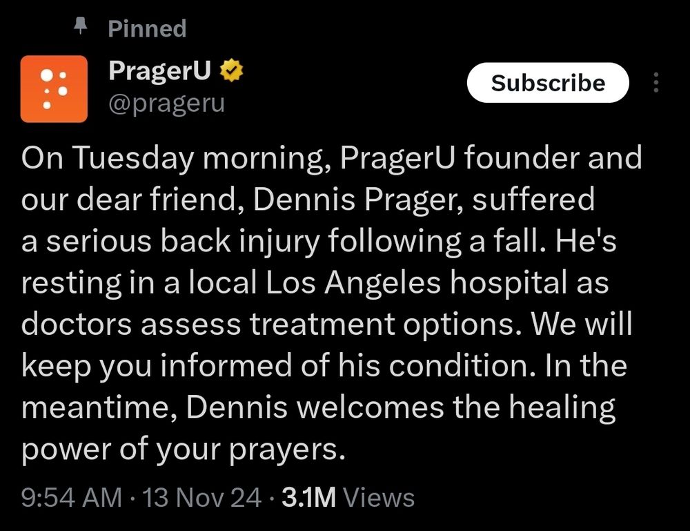 PragerU tweet about Dennis Prager suffering "a serious back injury following a fall." No mention of him trying to suck his own dick, but come on.
