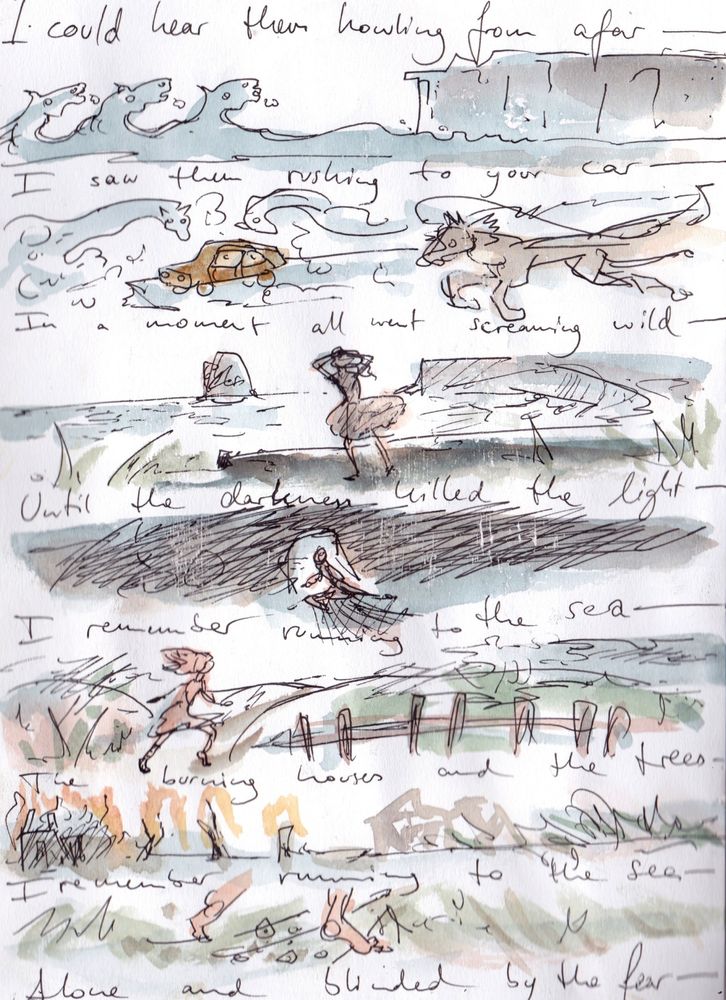 comic with the song lyrics to Running to the sea and a girl in various scenes with the sea and kelpies / monster horses page 1