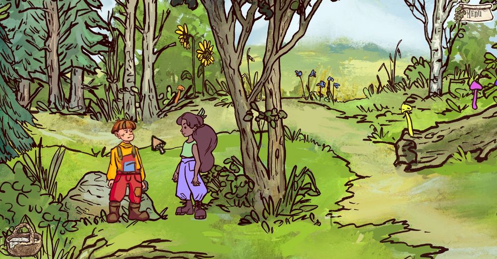 game screenshot of two children standing next to each other in a forest (2D art)