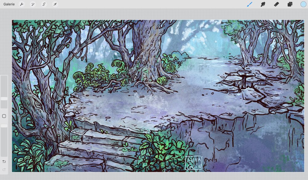 digital painting of stone stairs leading up to a cracked stone ground, with trees growing around the place