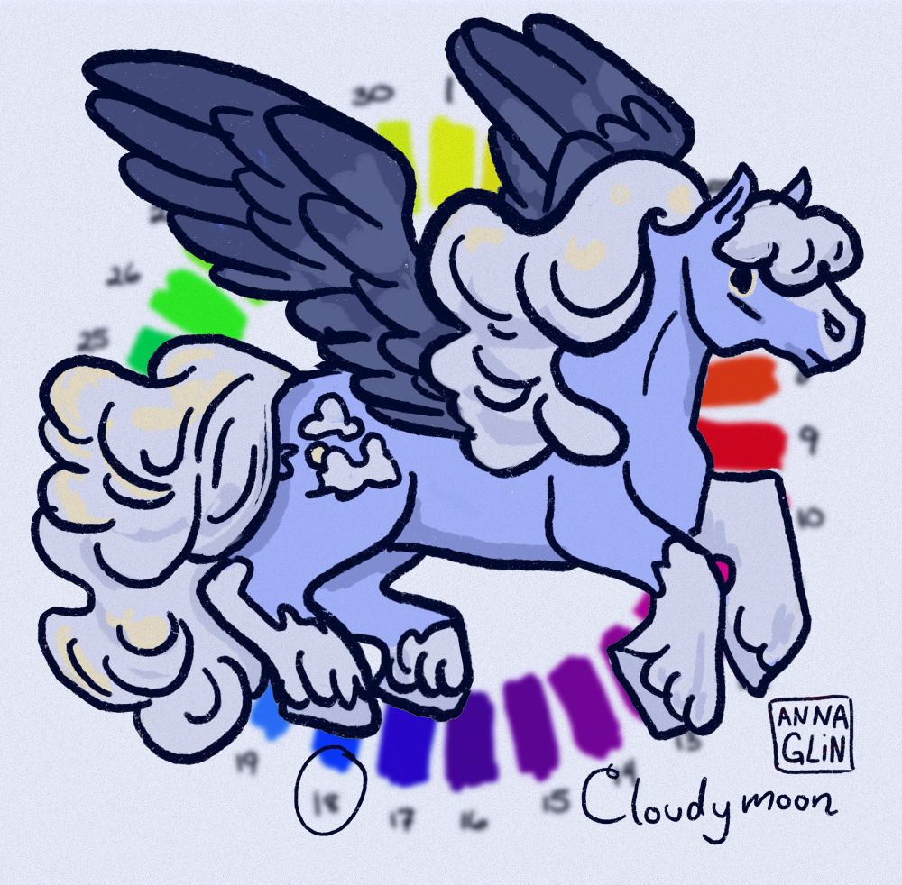 Drawing of a blue winged pony in front of a colour wheel