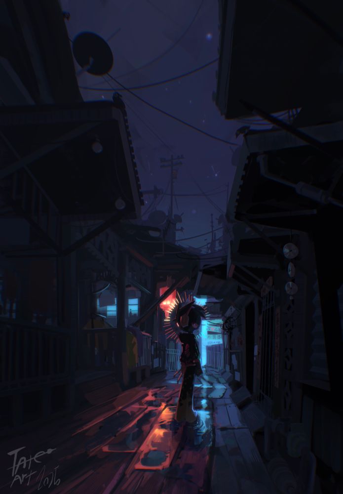 My oc, Reverb, standing in a dimly lit alleyway with lights from behind him reflecting off the soaked wooden boards.